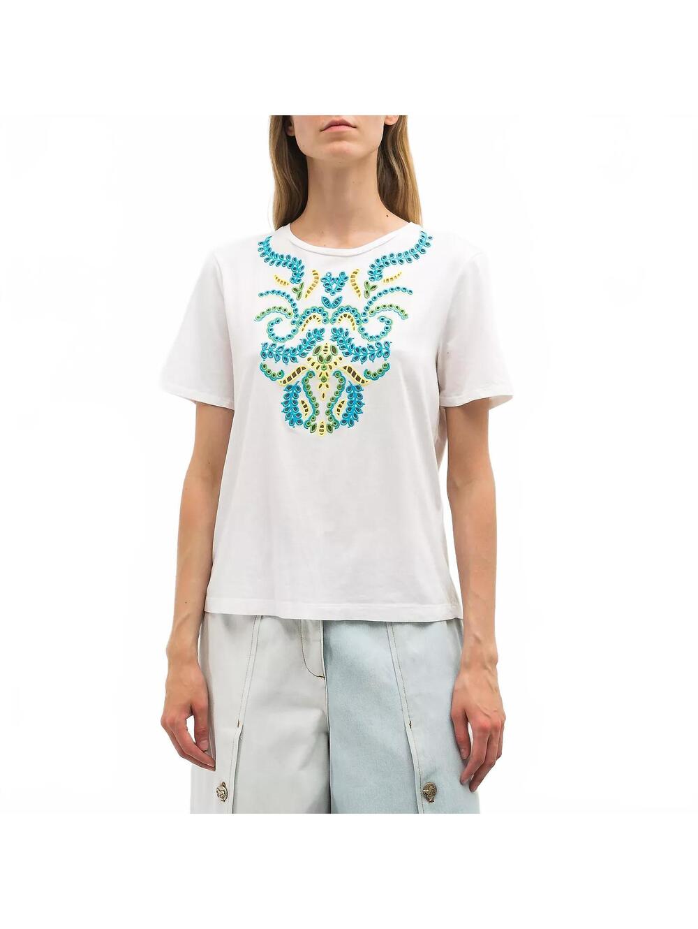 Sandro Paris Embroidered Cotton Boho Crewneck T-Shirt White Medium